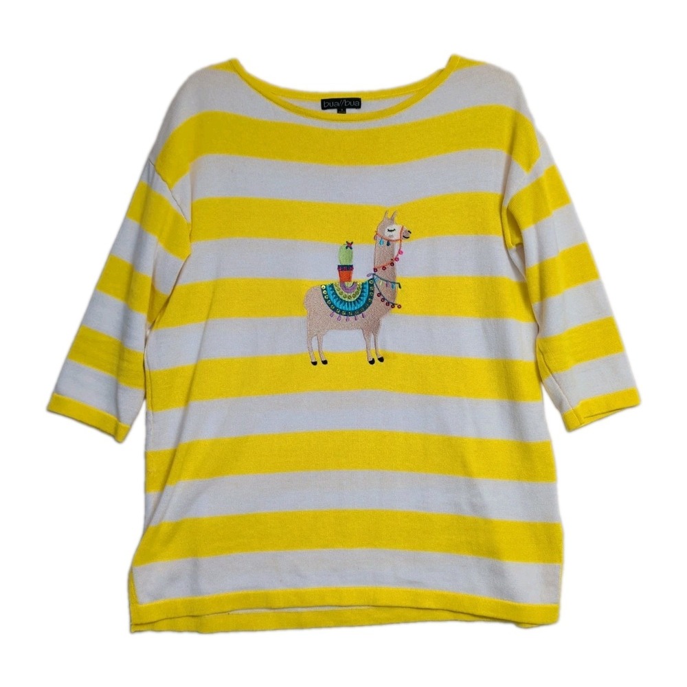 Bua Bua Llama Sweater Womens Small Yellow White Striped Cotton 3/4 Sleeve